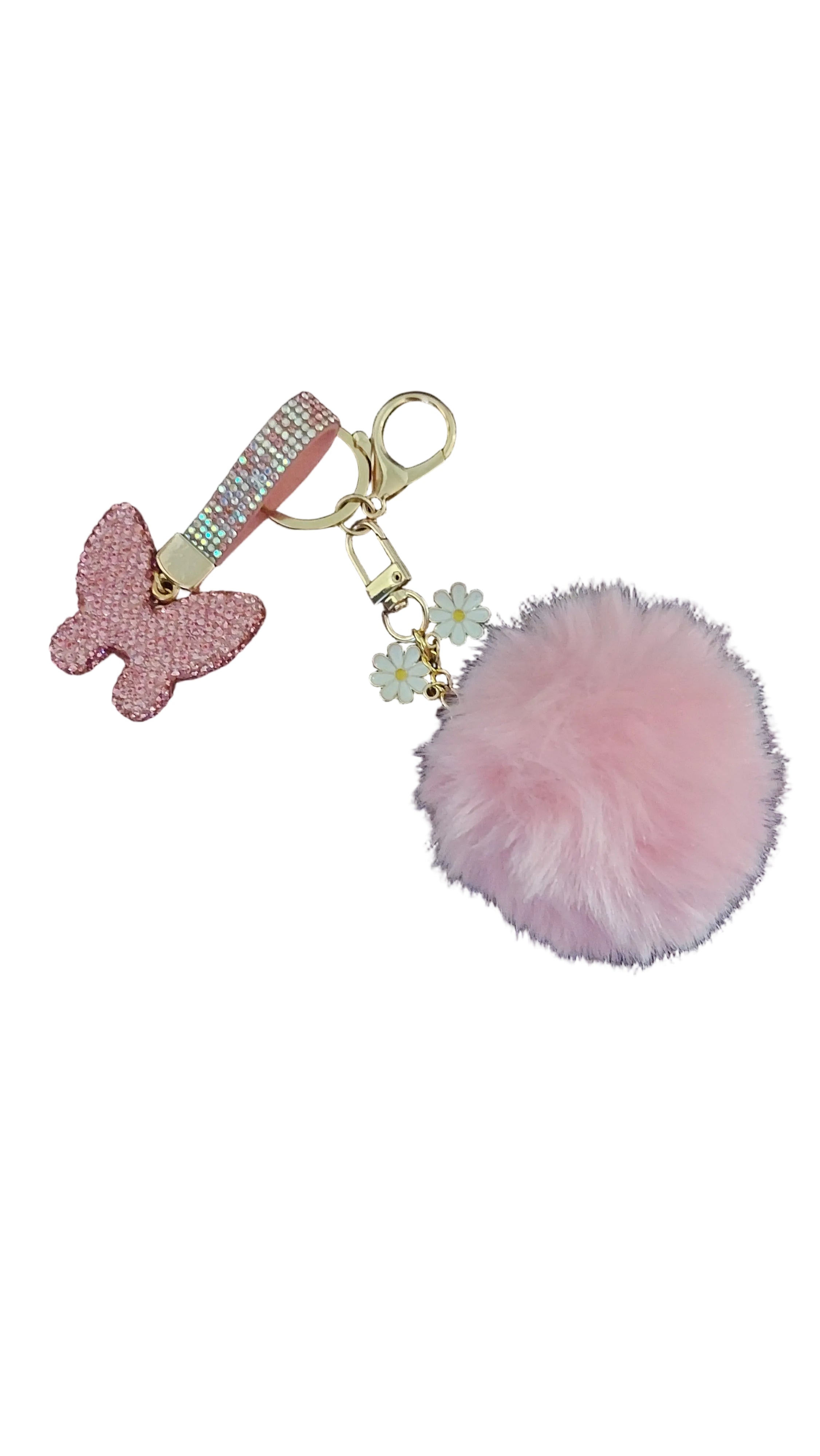 Pink butterfly keychain/bag charm w/ pom bag charm