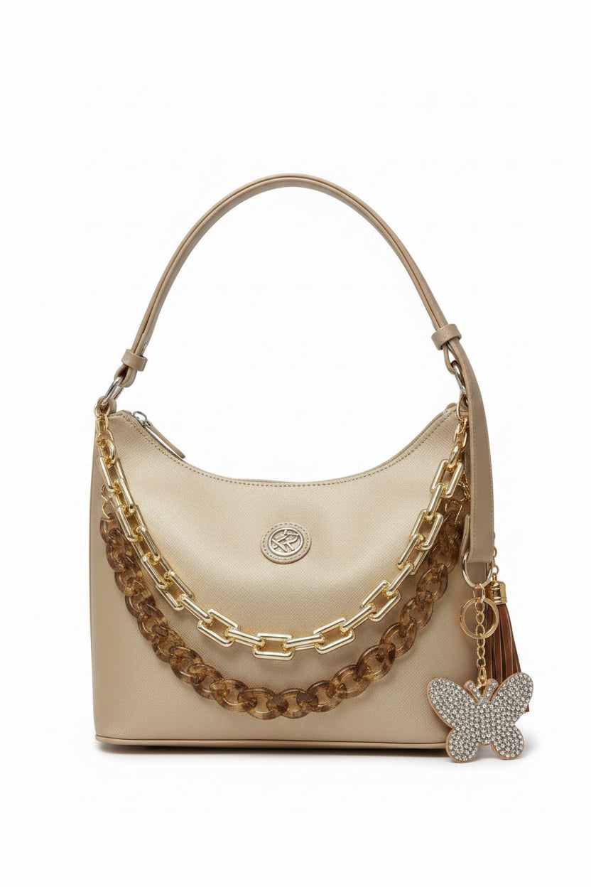 Gold shoulder purse w/bagchains, butterfly keychain/bagcharm and tassle bagcharm all included