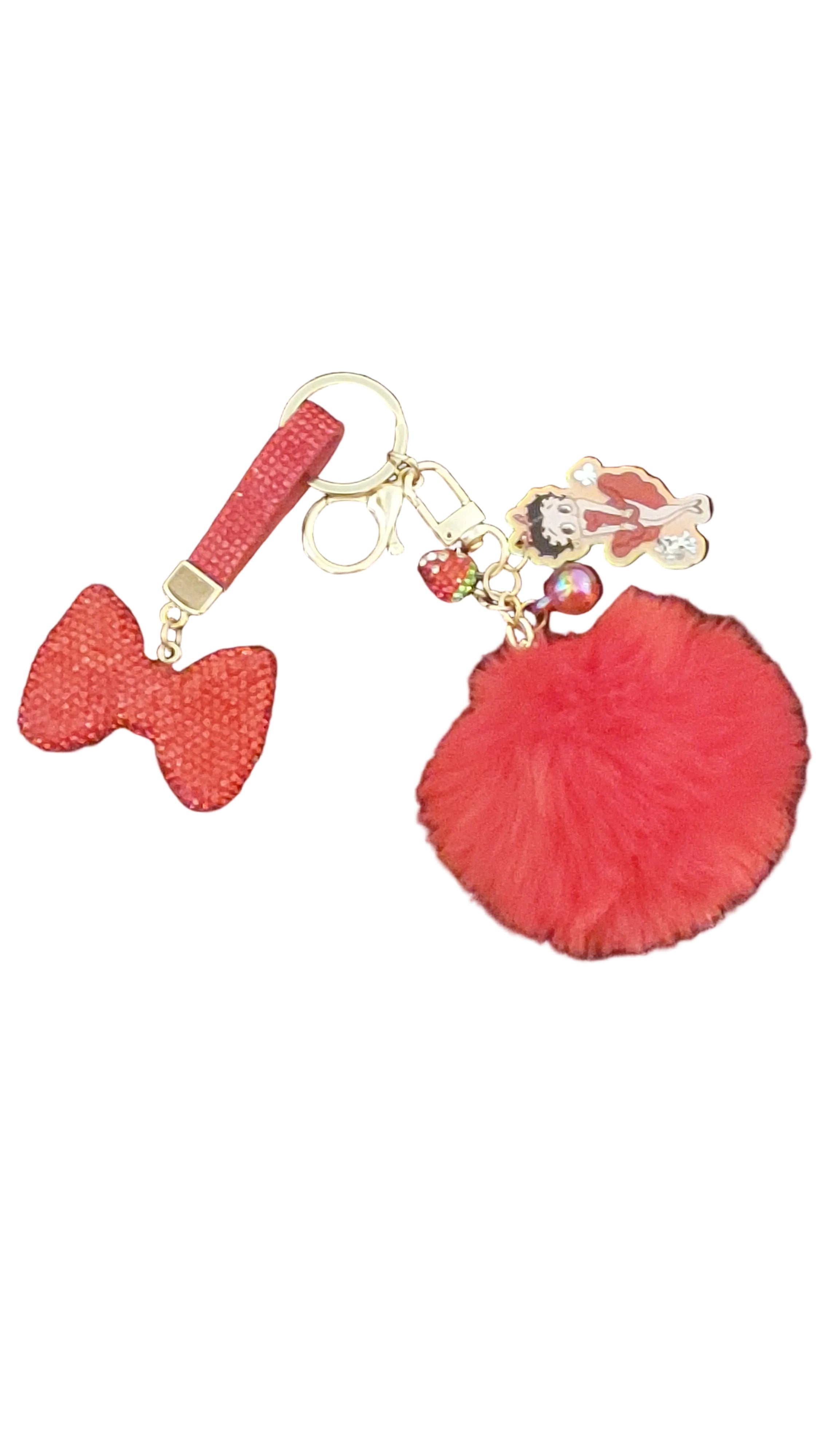 Red rhinestone bow keychain/charm w red pompom/BB charm