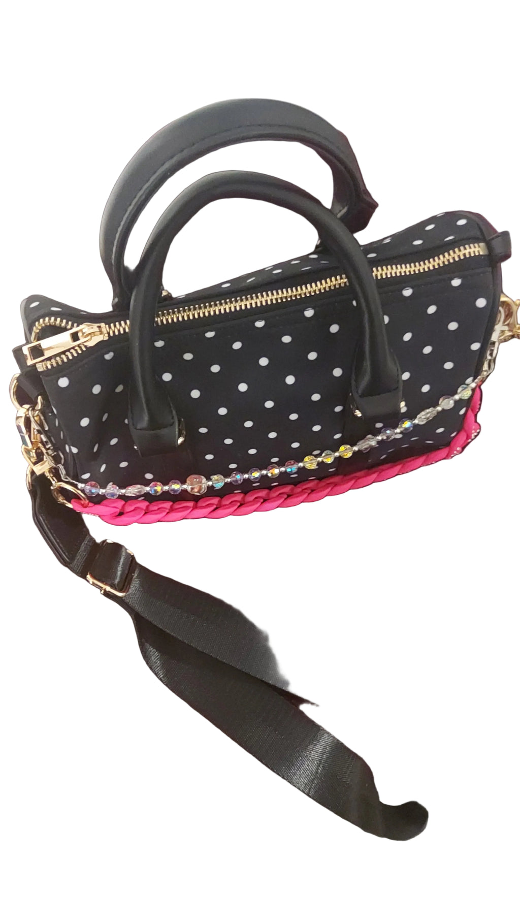 Black/white polkadot handbag, bag chains, keychain and charm included