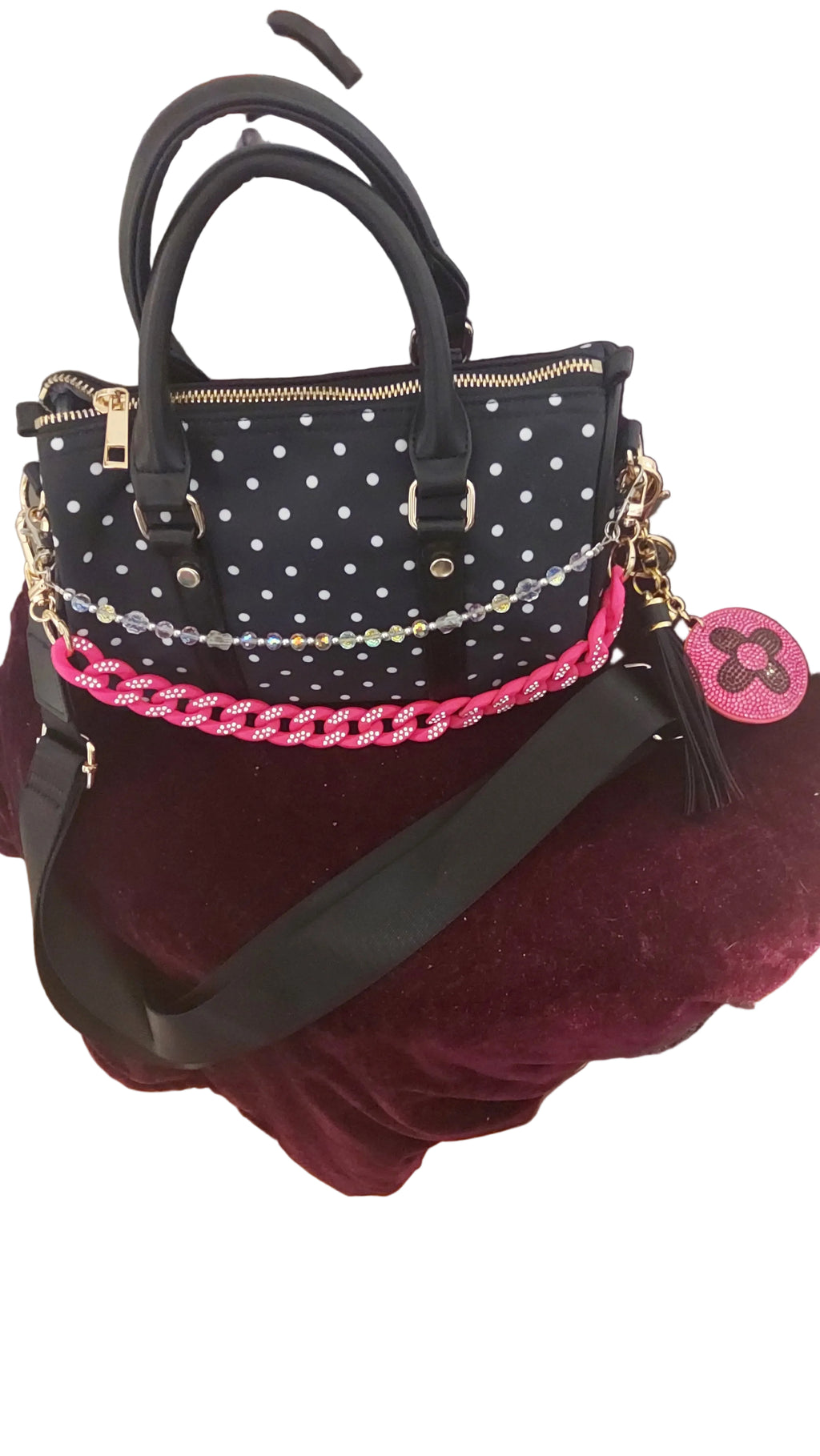 Black/white polkadot handbag, bag chains, keychain and charm included