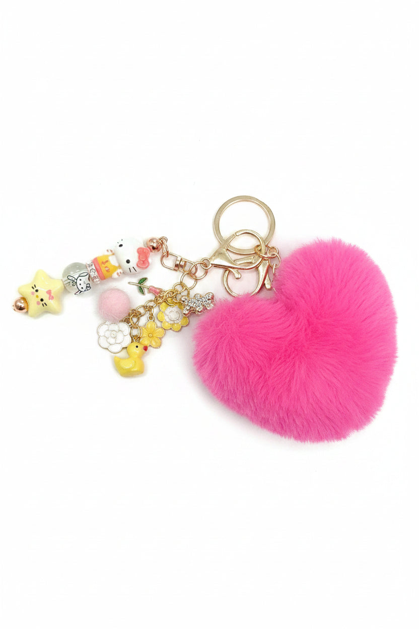 Pink pompom heart keychain/bagcharm w/detachable hand-beaded junk charms