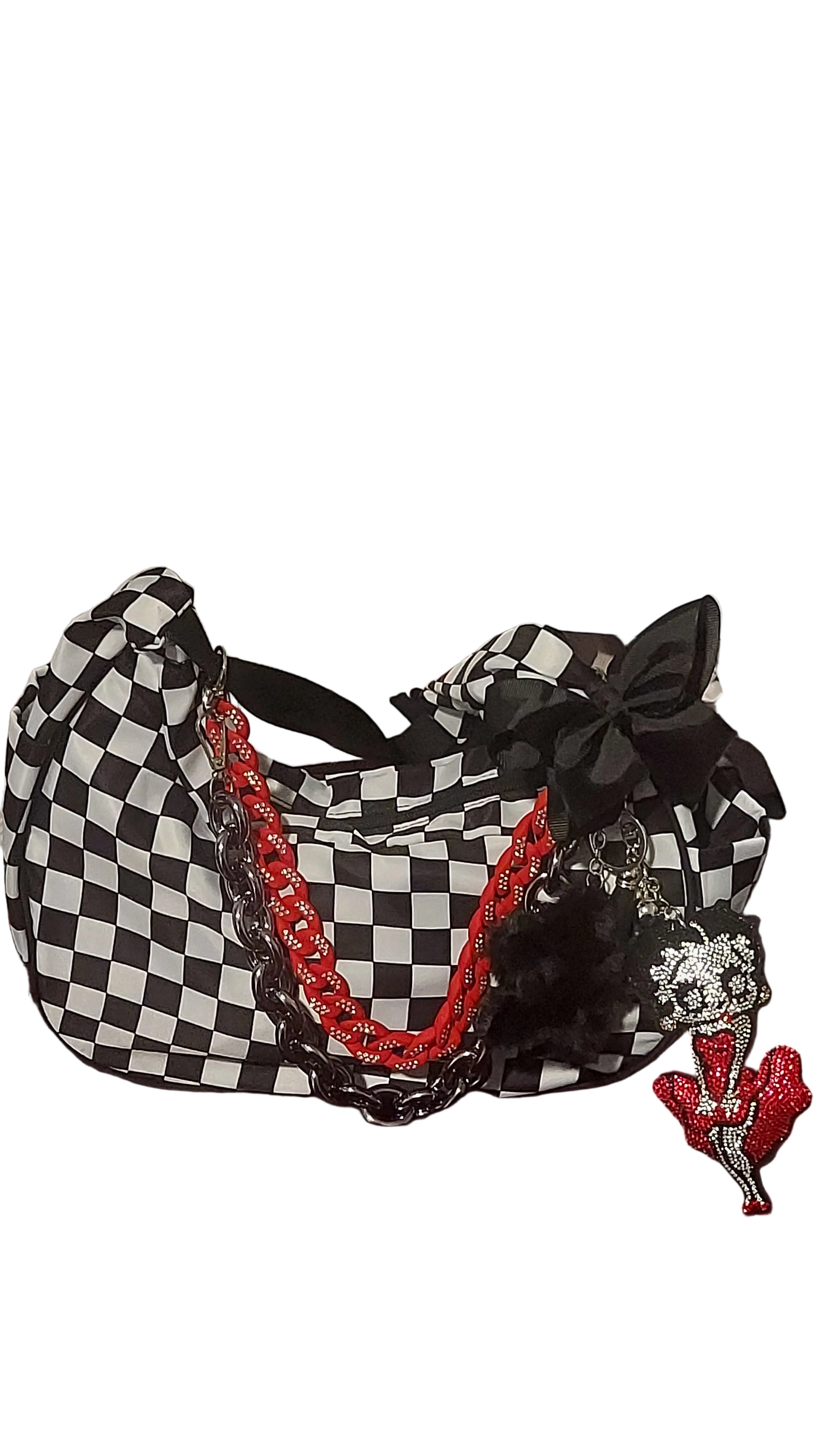 Black/white checkered shoulder bag, chains, keychain/charms included