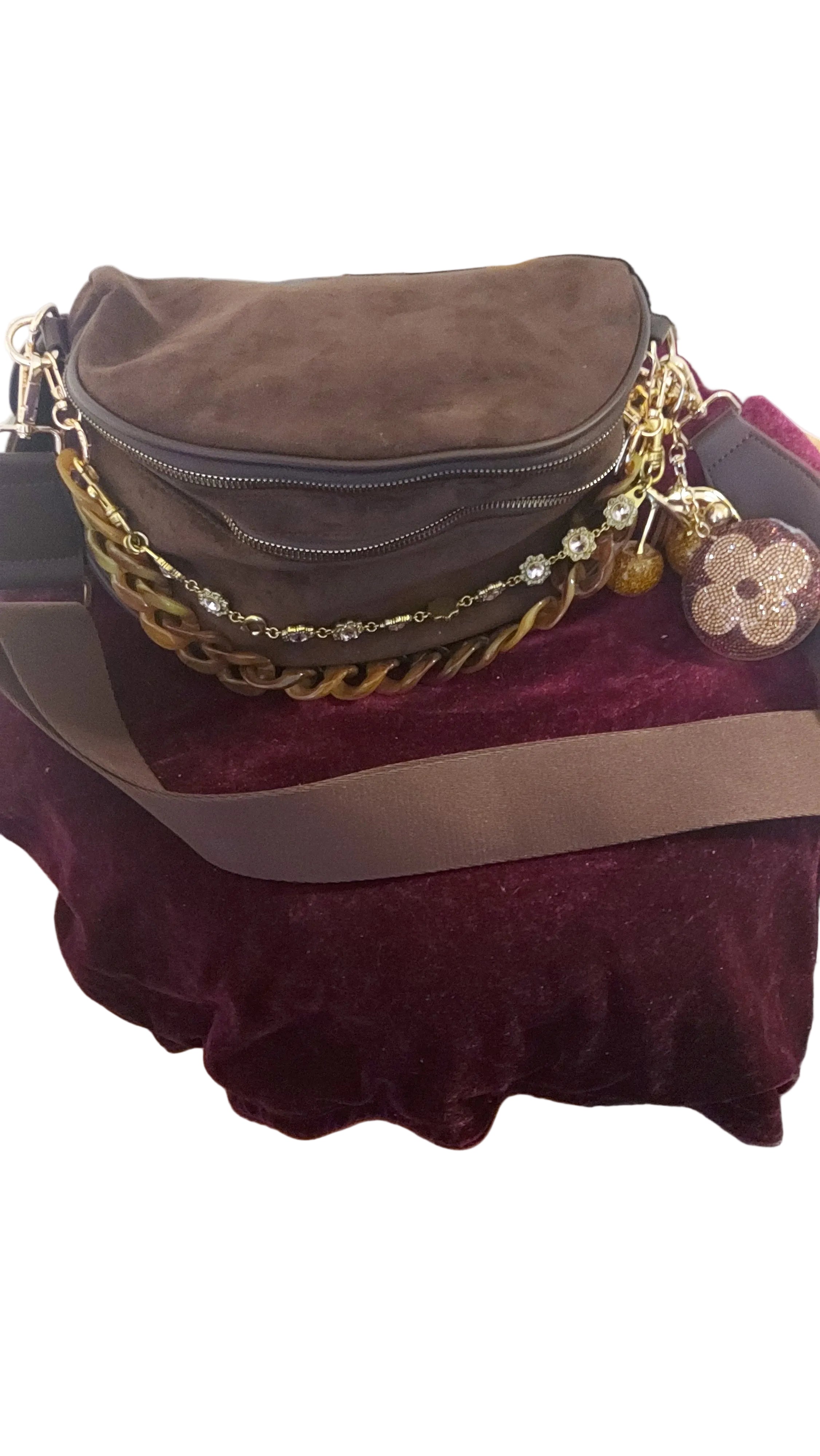 Suede crossbody bag w/chains, keychain/bagcharm, and bagcharm included
