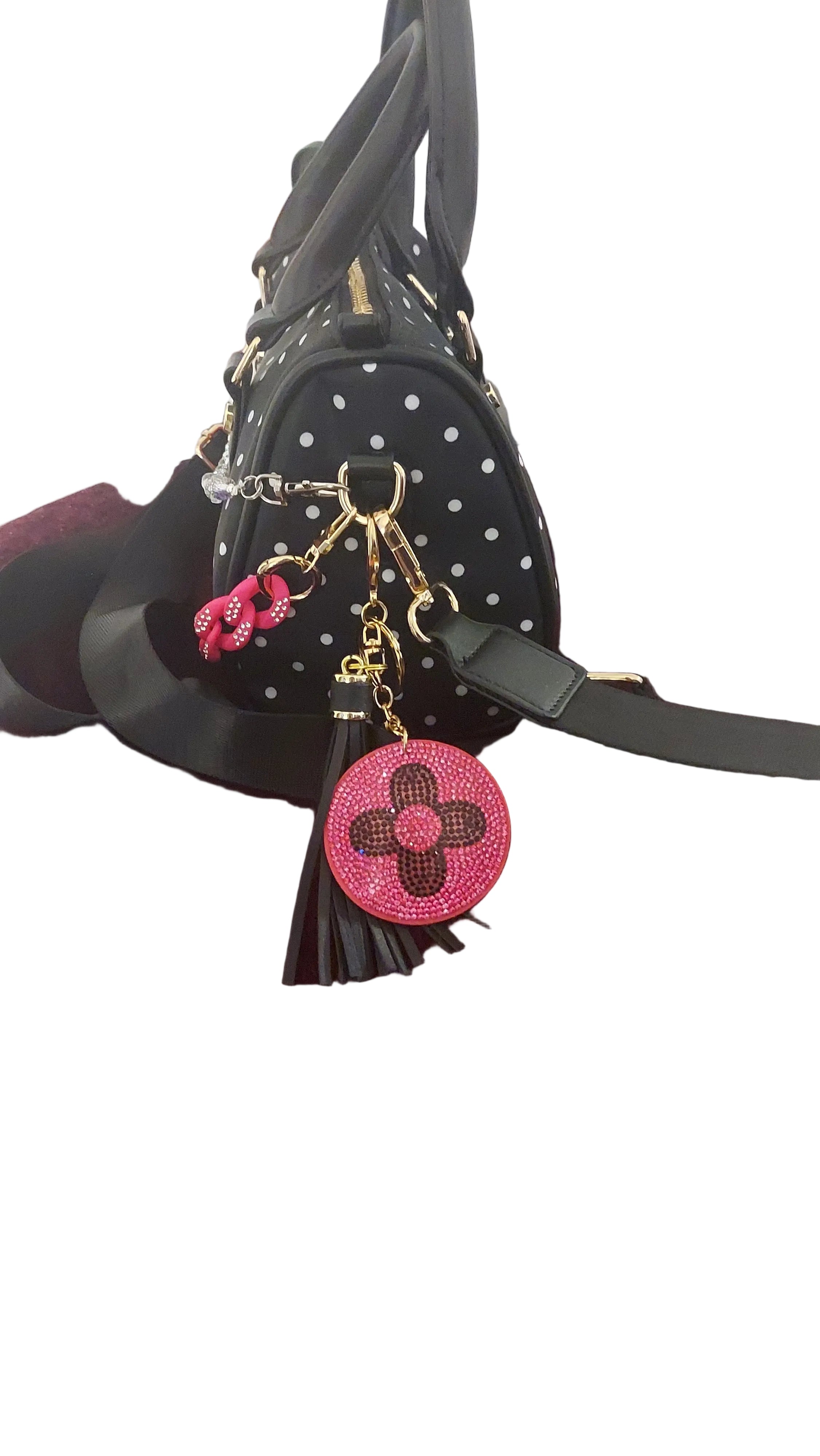 Black/white polkadot handbag, bag chains, keychain and charm included