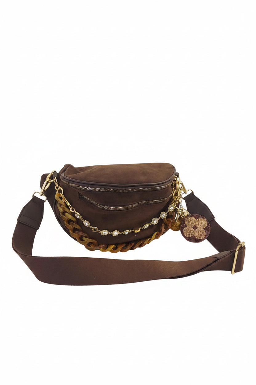 Suede crossbody bag w/chains, keychain/bagcharm, and bagcharm included