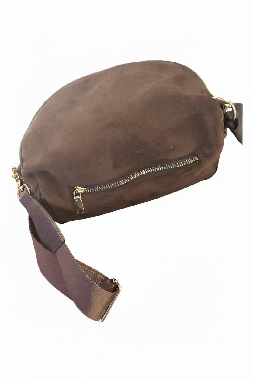 Suede crossbody bag w/chains, keychain/bagcharm, and bagcharm included