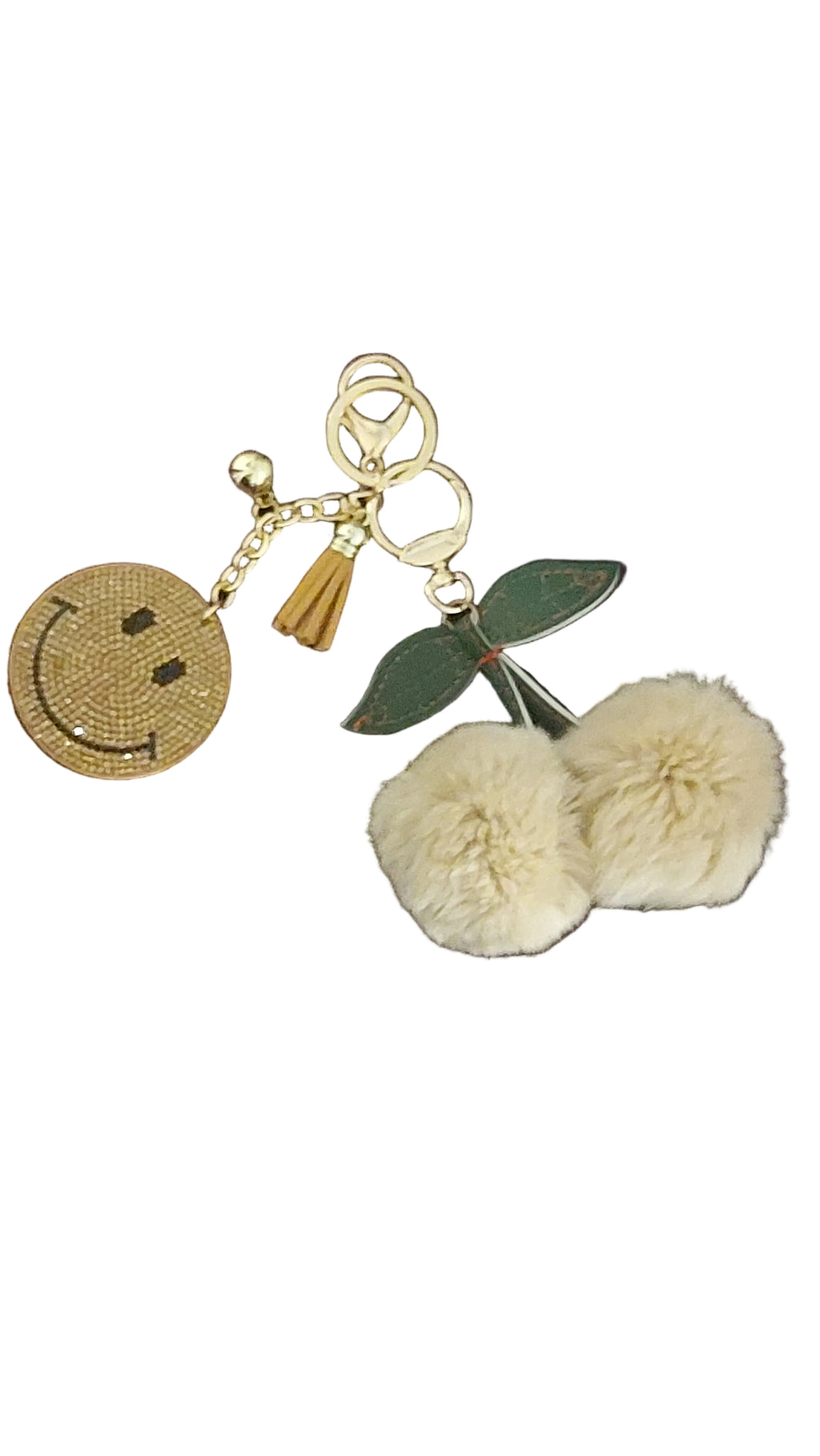 Smiley-face keychain/charm w/fuzzy cherry keychain