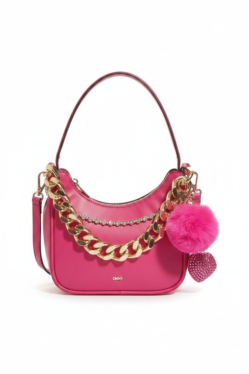 DKNY bag with crossbody strap, chains, keychain/bagcharm and bagcharm all included