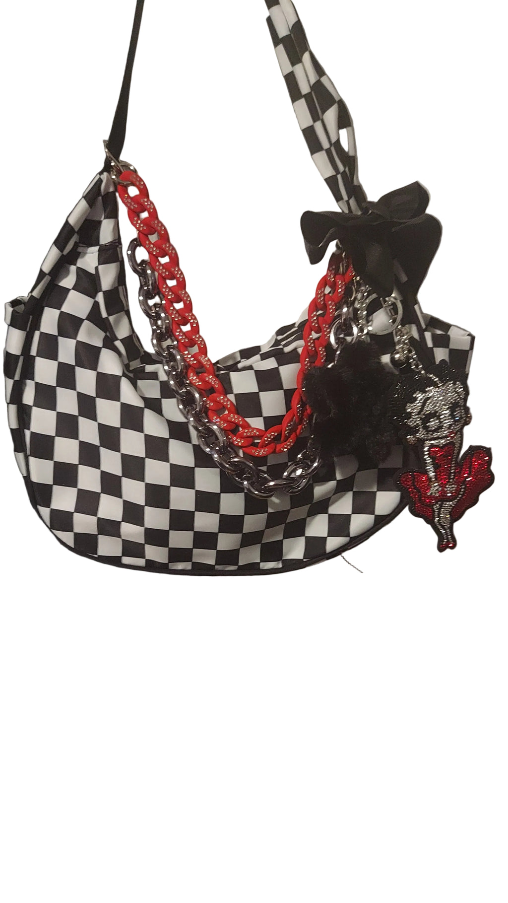Black/white checkered shoulder bag, chains, keychain/charms included