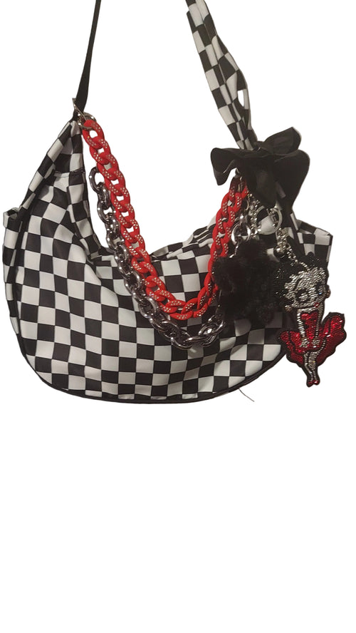 Black/white checkered shoulder bag, chains, keychain/charms included